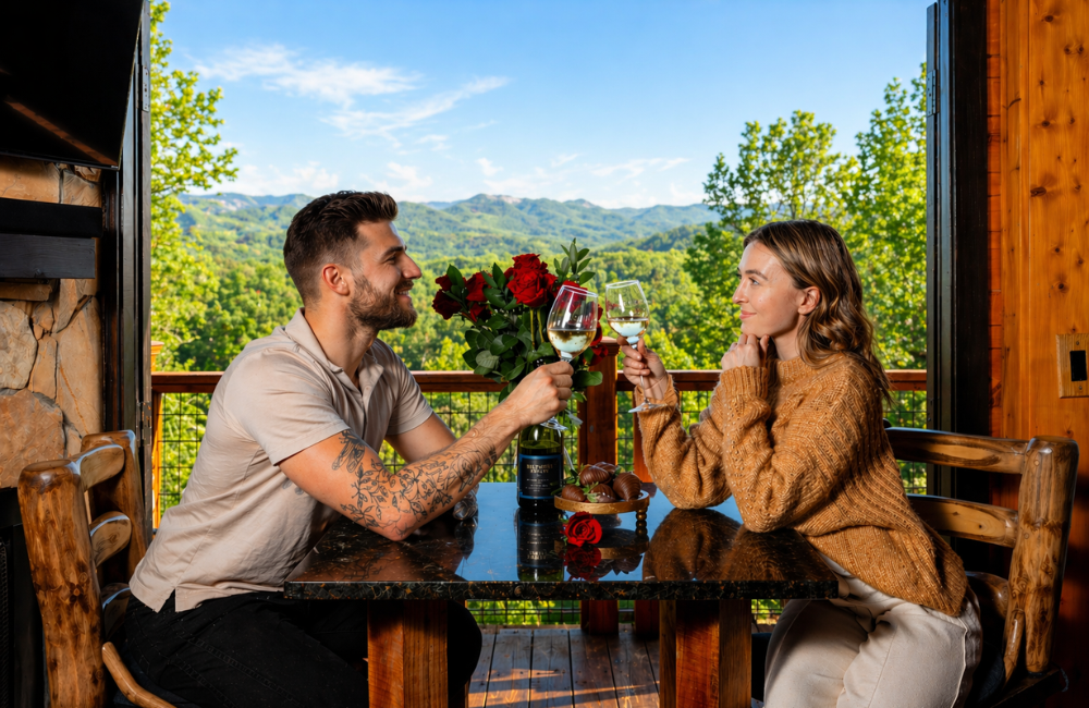 Meraki Escape in Brevard NC couple toasting with wine glasses